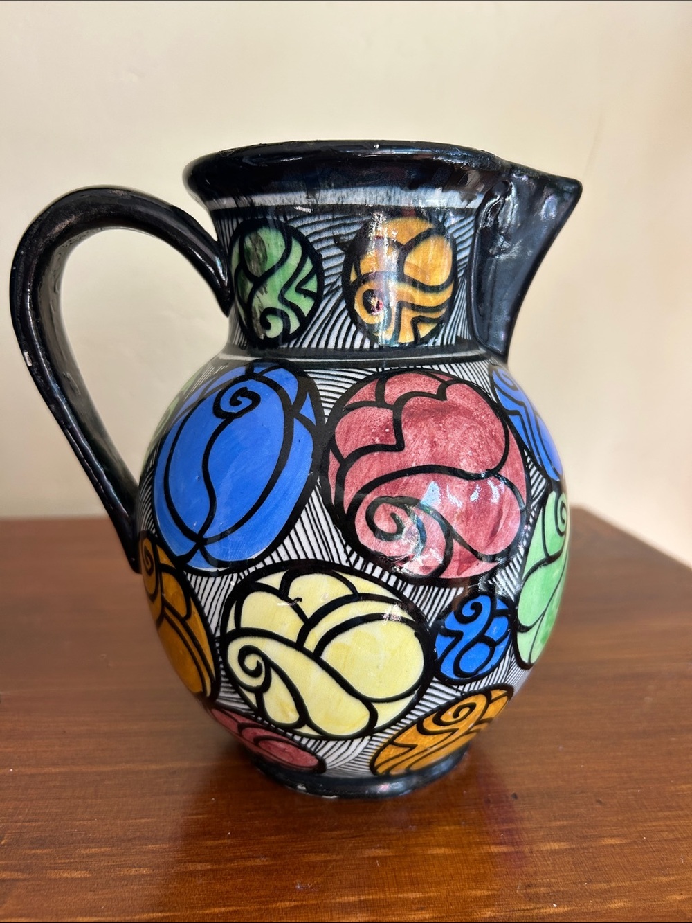 VTG Glazed Multicolor Floral Ceramic Pitcher - Made in Spain 7.5” H x 5” W